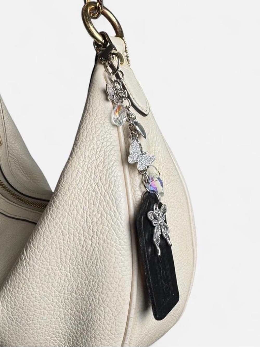 Coach Black Leather Hangtag with Silver Butterfly & Crystal Charms Bag Charm - Picture 5 of 6